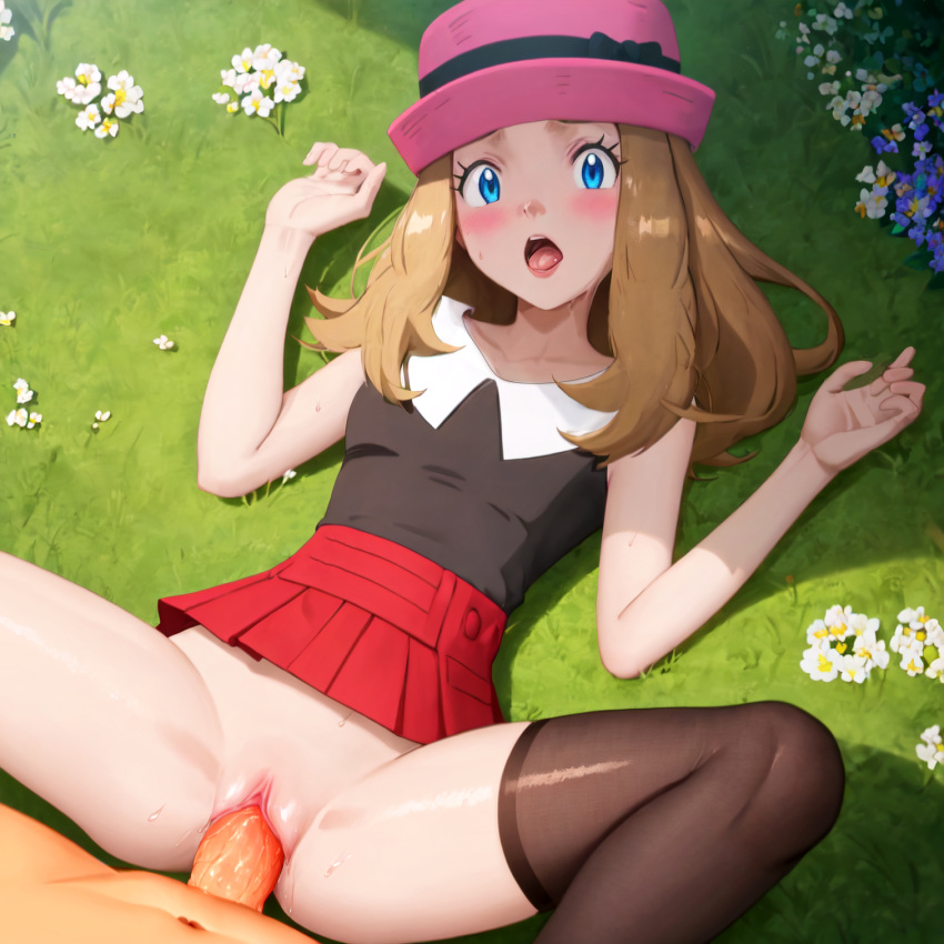 1boy 1girls ai_generated blonde_hair blue_eyes blush bottomless clothed_sex exhibitionism hat kujai long_hair lying microskirt missionary_position moaning nature nintendo nopan on_back outside penetration penis penis_in_pussy pokemon pokemon_(anime) pokemon_xy public public_nudity public_sex pussy red_skirt serena_(pokemon) sex spread_legs thighhighs uncensored vagina vaginal_penetration