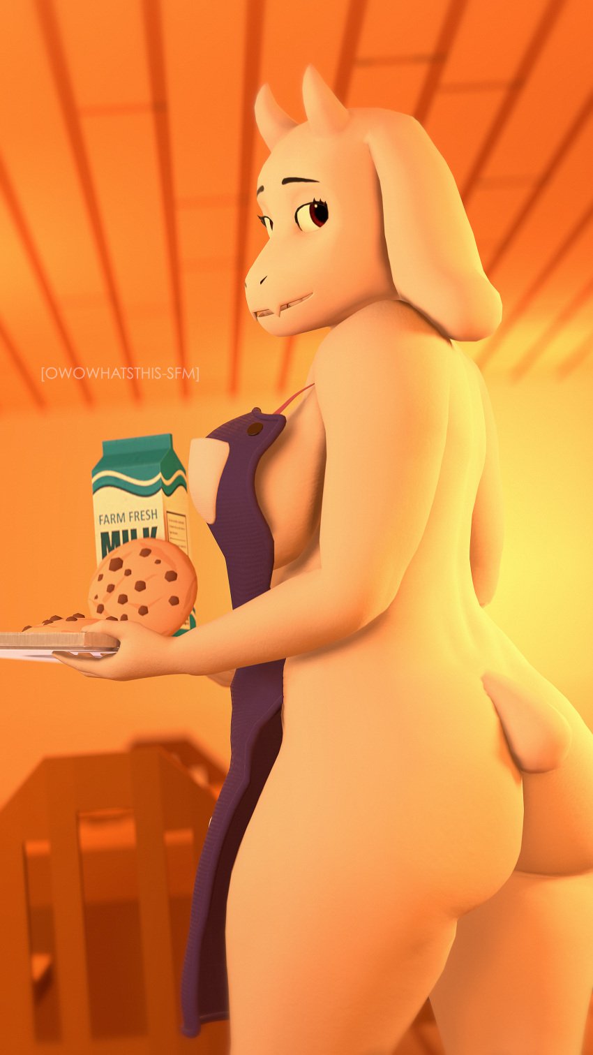 3d_(artwork) absurd_res anthro apron apron_only ass beverage_carton boss_monster bovid breasts caprine carton clothing container cookie digital_media_(artwork) english_text eyelashes female food hi_res holding_object holding_tray horn looking_back mammal milk_carton milk_container mostly_nude owo_sfm plate red_eyes smile solo teeth text toriel tray undertale undertale_(series)