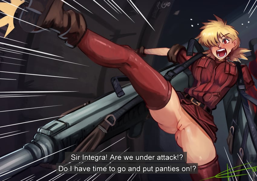 1girls big_breasts blonde_hair casual eltonel exposed_pussy female firearm going_commando gun hellsing hellsing_ultimate hellsing_ultimate_abridged human large_breasts pale-skinned_female pale_skin red_eyes rifle seras_victoria upskirt vampire weapon