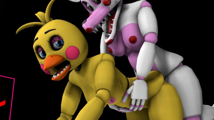 2girls 3d animatronic animatronic_female animatronic_girl animatronics anthro beak beak_open black_background blue_eyes breasts chica chicken_girl doggy_style female female_only five_nights_at_freddy's five_nights_at_freddy's_2 fnaf fox_girl futanari hands_on_sides looking_at_viewer mangle mangle_(fnaf) naked naked_female nude nude_female on_top open_mouth pink_body pink_cheeks pink_light pink_nipples red_cheeks red_light red_lipstick red_nipples sex source_filmmaker toy_chica_(fnaf) white_body yellow_body yellow_eyes