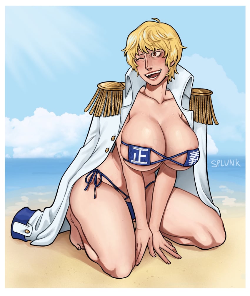 1girls areola_slip beach big_breasts bikini blonde_hair blue_bikini cleavage crouching donquixote_rosinante epaulettes eyepatch_bikini female female_only fringe_trim full_body genderswap_(mtf) huge_breasts jacket_on_shoulders marine_(one_piece) meme_attire military_jacket military_uniform naval_uniform one_eye_closed one_piece open_mouth outside public_morals_bikini rule_63 short_hair side-tie_bikini smile solo splunkydunk very_short_hair wink