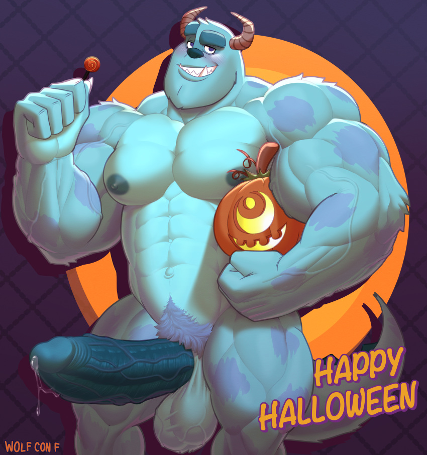 1boy 1monster 2020 anthro balls bara bara_tits barazoku big_balls big_penis blue_body blue_fur blush boner completely_nude disney erection fur gay hairy_male halloween hi_res highres holidays humanoid_genitalia humanoid_penis jack-o'-lantern jack_o'_lantern looking_at_viewer male male_focus male_nipples male_only mammal manly monster monsters_inc muscular_anthro nipples nude penis pixar precum precum_drip pumpkin solo solo_male sulley tail teeth teeth_visible tusks wolf_con_f