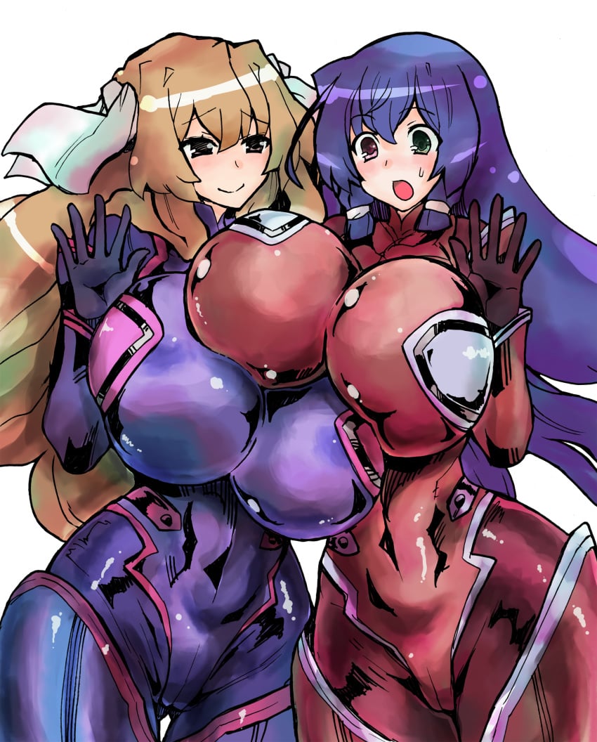 2_bodysuits 2girls aoi_kimi asama_tomo bodysuit breast_press breasts brown_hair cameltoe clothing code_geass commission female female_focus female_only green_eyes hair_ribbon hakadu3821 heterochromia huge_breasts impossible_bodysuit impossible_clothes kyoukaisenjou_no_horizon large_breasts long_hair multicolored_bodysuit multicolored_clothes multiple_girls open_mouth pilot_suit red_eyes ribbon skeb_commission skin_tight standing surprised thighhighs very_long_hair yuri