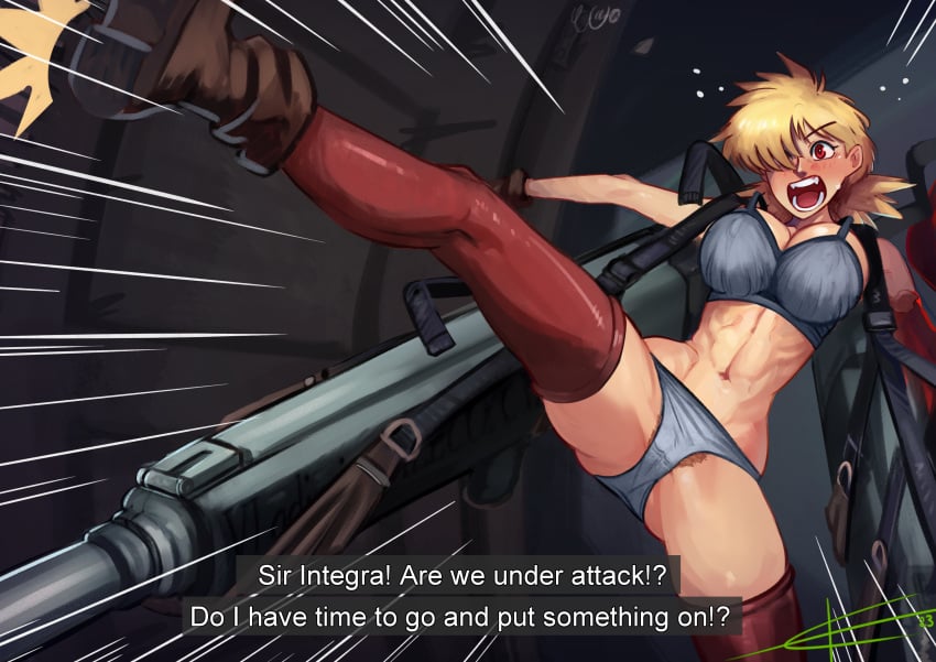 1girls big_breasts blonde_hair clothing eltonel female firearm gun hellsing hellsing_ultimate hellsing_ultimate_abridged human large_breasts pale-skinned_female pale_skin pubic_hair red_eyes rifle seras_victoria underwear vampire weapon