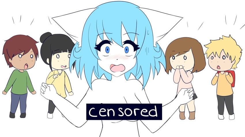 2boys 3girls 5_fingers background bar_of_censorship black_hair blue_eyes blue_hair blush blush_lines blushing breasts brown_hair censor_bar censored censored_breasts female_focus mouth_open open_mouth screenshot simple_background solo_focus virtual_youtuber vtuber white_background wolfychu wolfychu_(artist) youtube youtube_source youtuber youtuber_girl