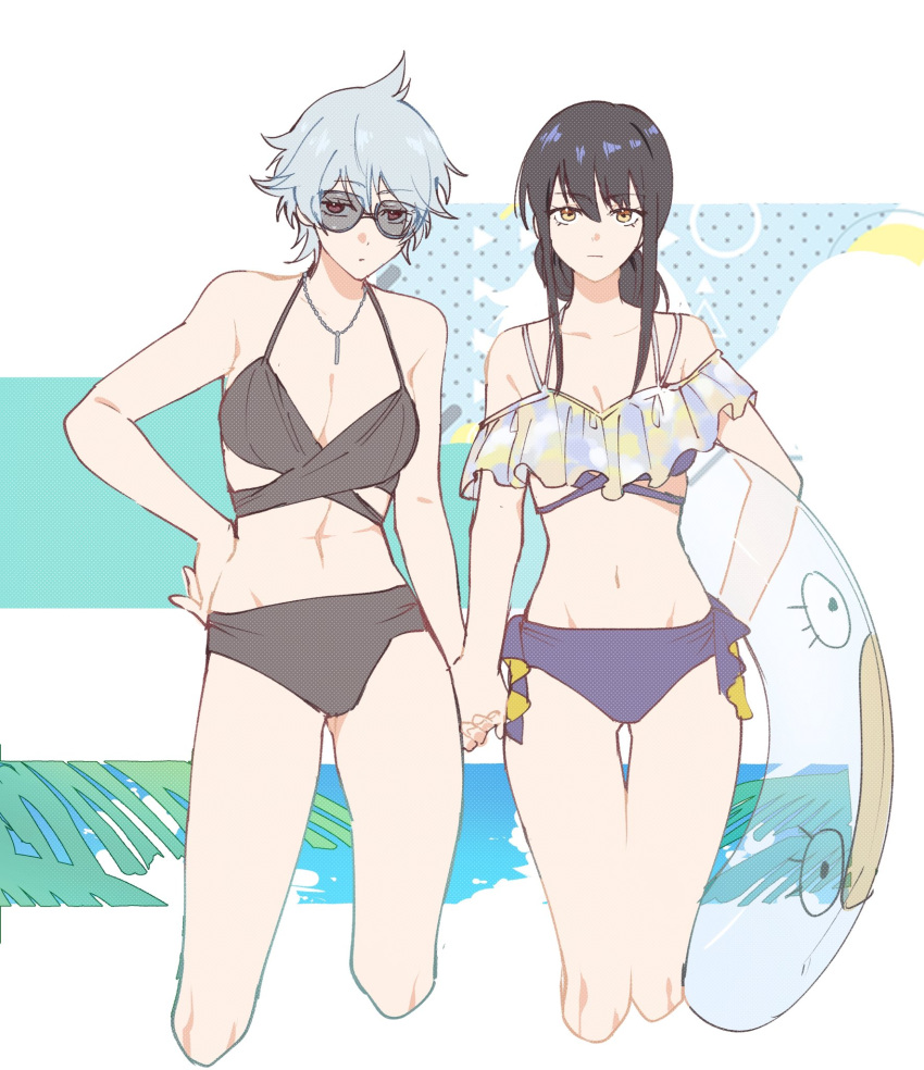 2girls alternate_costume bikini black_bikini black_hair canon_genderswap cleavage elizabeth_(gintama) female female_only genderswap_(mtf) ginko_sakata gintama gintoki_sakata hand_on_hip holding_hands innertube katsura_kotarou light_blue_hair long_hair looking_at_viewer noichi red_eyes rule_63 short_hair sunglasses swimsuit tinted_eyewear very_short_hair yellow_eyes yuri