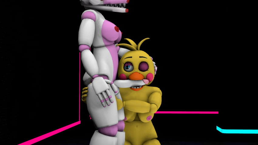 2girls 3d animatronic animatronic_female animatronic_girl animatronics anthro arm_around_leg beak beakjob black_background blue_eyes blue_light breasts chica chicken_girl dick dick_in_beak dickgirl female female_only five_nights_at_freddy's five_nights_at_freddy's_2 fnaf fox_girl futanari hand_on_head l looking_up_at_partner mangle mangle_(fnaf) naked naked_female nude nude_female one_eye_closed penis pink_body pink_cheeks pink_light pink_nipples red_lipstick red_nipples source_filmmaker toy_chica_(fnaf) white_body wink yellow_body