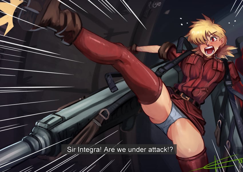 1girls big_breasts blonde_hair clothing eltonel female firearm gun hellsing hellsing_ultimate hellsing_ultimate_abridged human large_breasts pale-skinned_female pale_skin red_eyes rifle seras_victoria vampire weapon