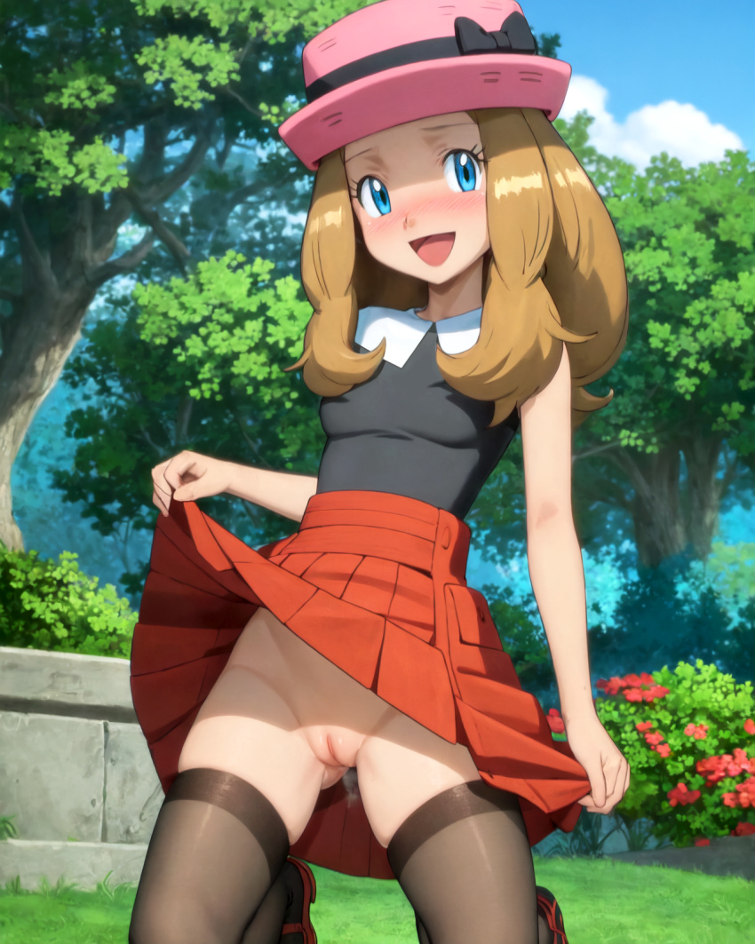 1girls ai_generated blonde_hair blue_eyes blush bottomless cameltoe exhibitionism hat kneeling kujai long_hair nature nintendo nopan outdoors pleated_skirt pokemon pokemon_(anime) pokemon_xy public public_nudity pussy red_skirt serena_(pokemon) skirt_lift smiling thighhighs uncensored vagina