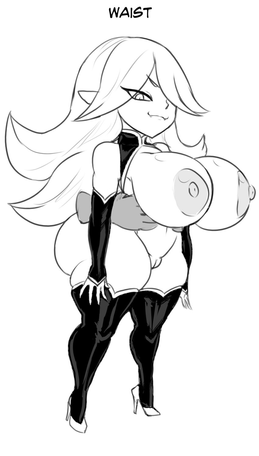 big_breasts breasts clothing copyright_request dart_(thecon) female footwear genitals goblin goblin_female hair hair_over_eye hi_res high_heels humanoid legwear monochrome not_furry one_eye_obstructed pussy short_stack thecon thick_thighs thigh_highs