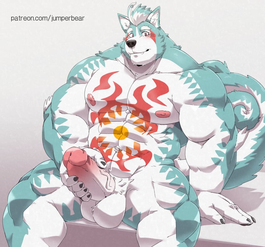 abs absurd_res anthro balls big_muscles blue_body blue_fur canid canine canis fangs fur genitals hi_res humanoid_genitalia humanoid_penis jumperbear lifewonders looking_at_viewer male mammal markings muscular muscular_male navel nipples nude oguchi_magami_(tokyo_afterschool_summoners) pecs penis sitting solo teeth tokyo_afterschool_summoners vein white_body white_fur wolf