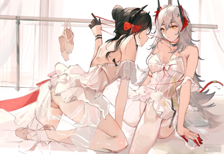 2girls absurdres alternate_costume alternate_hair_length alternate_hairstyle arknights artist_request ballet_dress ballet_slippers black_gloves black_hair bow cmdr_saturn demon_horns dress finger_cots gloves grey_hair hair_between_eyes hairbow half_gloves highres horns ines_(arknights) long_hair looking_at_another multiple_girls off-shoulder_dress off_shoulder red_bow sitting string string_around_finger string_around_neck string_of_fate string_pull very_long_hair w_(arknights) white_dress yellow_eyes yuri