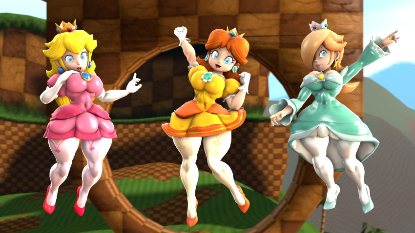 3d 3d_(artwork) 3girls blonde_hair blue_eyes brown_hair crown female female_only gloves light_blue_dress light_blue_high_heels mario_(series) nikopalad67140 nintendo pink_dress pink_high_heels pink_lipstick platinum_blonde_hair princess_daisy princess_peach princess_rosalina stockings tagme trio yellow_dress yellow_high_heels