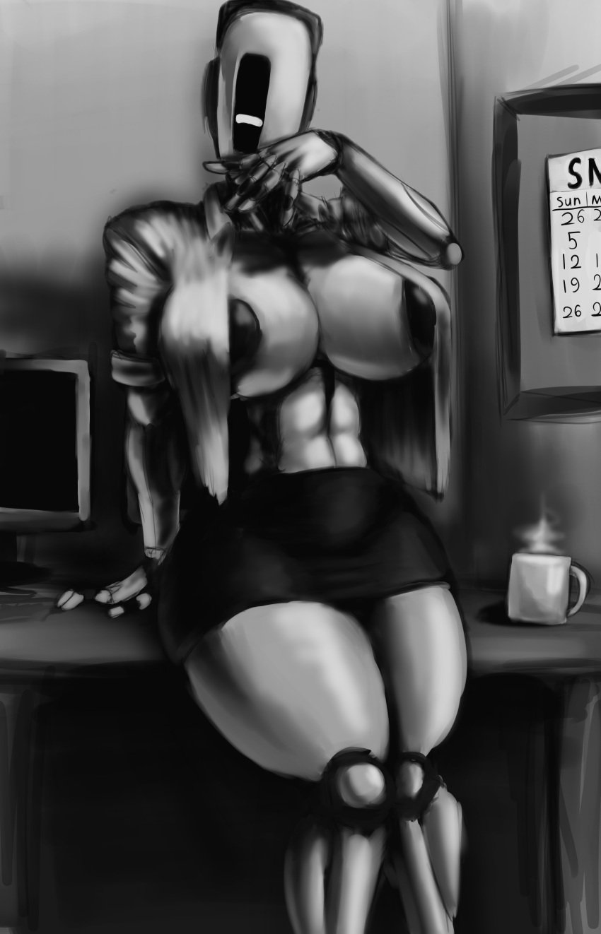 glados glados_(humanoid) greyscale large_breasts no_mouth open_shirt polygonalfish portal_(series) robot robot_girl solo solo_female