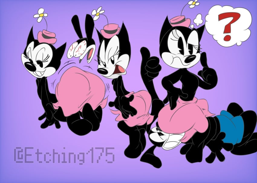 1boy 1boy1girl 1girls 2023 2023s anthro artist_name artist_signature ass big_ass big_butt black_body black_eyes breasts butt disney dress epic_mickey etching175 eyelashes facesitting female furry furry_female furry_male hi_res male open_mouth open_smile ortensia oswald_the_lucky_rabbit pink_skirt signature simple_background simple_eyes skirt tagme violet_background white_face white_fur