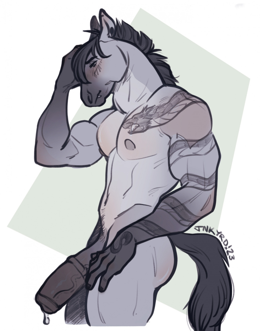 1boy 2023 anatomically_correct anatomically_correct_genitalia anatomically_correct_penis animal_genitalia animal_penis anthro ass athletic athletic_anthro athletic_male black_hair blush body_fur digital_media_(artwork) equine equine_genitalia equine_penis genitals grey_body grey_fur half-closed_eyes hi_res horse horse_tail horsecock jnkyrd male male_nipples male_only male_pubic_hair mammal mane medial_ring narrowed_eyes nude_male penis precum salish_(giver) semi-erect solo tail tattoo vein veiny_penis