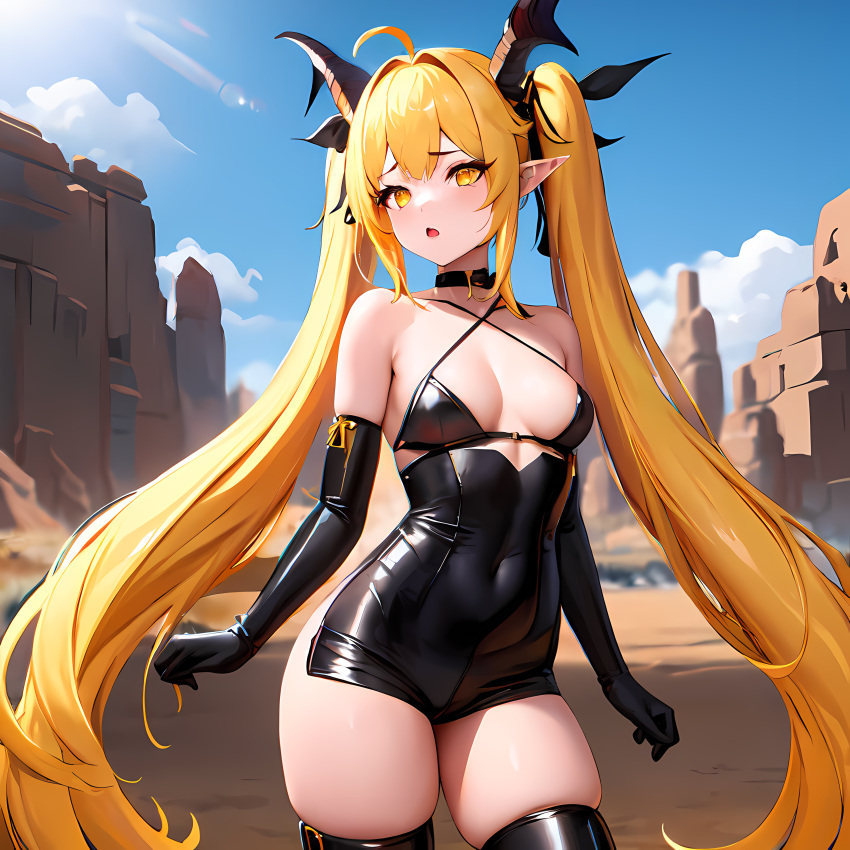 ai_generated apocalypse_ravi blonde_hair bodysuit breasts choker cleavage demon demon_girl demon_horns epic7 epicseven female female_only latex long_hair outdoors outside ravi_(epic7) ravi_(epic_seven) small_female solo_female stable_diffusion suit sunny surprised thick_thighs twintails very_long_hair