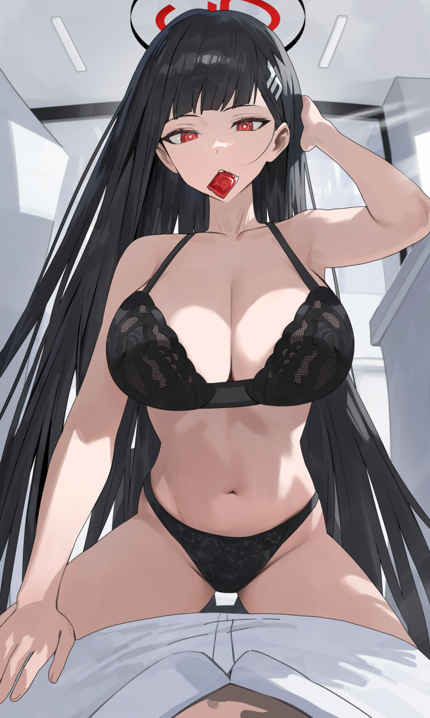 1girls black_and_red_halo black_hair blue_archive bra breasts cleavage condom_in_mouth female halo hi_res hood_x_art large_breasts long_hair male_pov millennium_science_school_student naughty_face panties pov red_eyes rio_(blue_archive) seminar_(blue_archive) seminar_president student_council_president underwear white_pupils