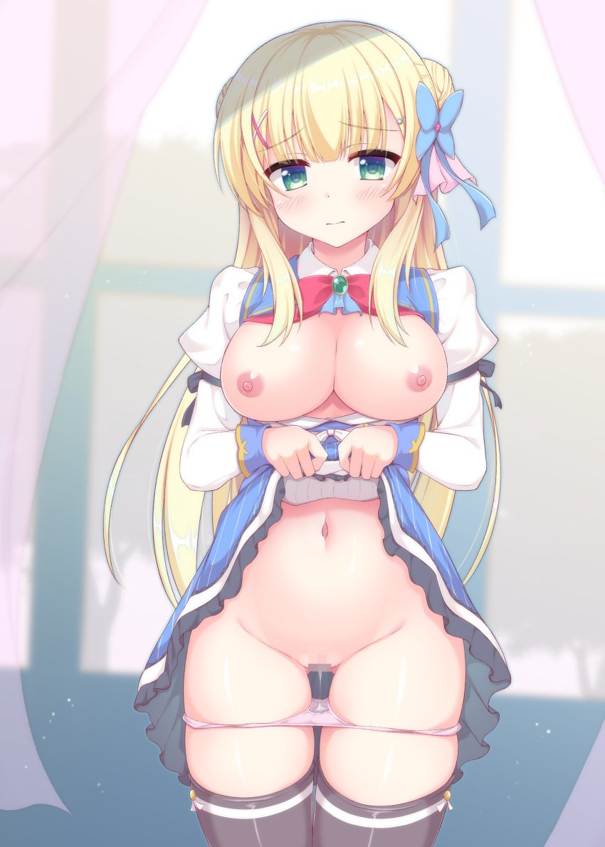 3: absurdres ass_visible_through_thighs black_thighhighs blonde_hair blue_bow blue_skirt blunt_bangs blurry blurry_background blush bow bowtie breasts breasts_out censored chataring_mai cleavage closed_mouth clothes_lift commentary_request cowboy_shot double_bun female frilled_skirt frills furrowed_brow gem green_eyes green_gemstone groin hair_bun hair_ornament hairbow high-waist_skirt highres indoors juliet_sleeves kin-iro_loveriche large_breasts lifted_by_self long_hair long_sleeves looking_at_viewer mosaic_censoring navel nipples no_bra panties panty_pull pink_panties presenting puffy_sleeves pussy_juice pussy_juice_stain pussy_juice_trail red_bow red_bowtie school_uniform shiny_skin shirt shy sidelocks skindentation skirt skirt_lift solo standing straight_hair sylvia_le_cruzcrown_sortilege_sisua thighhighs thighs underwear very_long_hair white_shirt x_hair_ornament