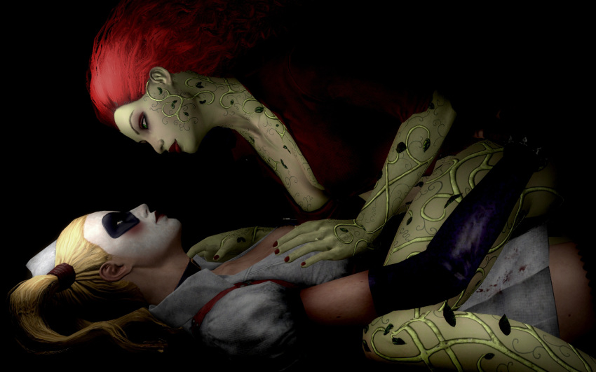 2girls 3d ass_grab batman:_arkham_asylum batman_(series) blonde_hair breasts dc dc_comics female female_only green-skinned_female green_skin harley_quinn harley_quinn_(arkham) harley_quinn_(arkham_asylum) pamela_isley pigtails poison_ivy poison_ivy_(arkham) poison_ivy_(arkham_asylum) rastifan red_hair rocksteady_studios yuri