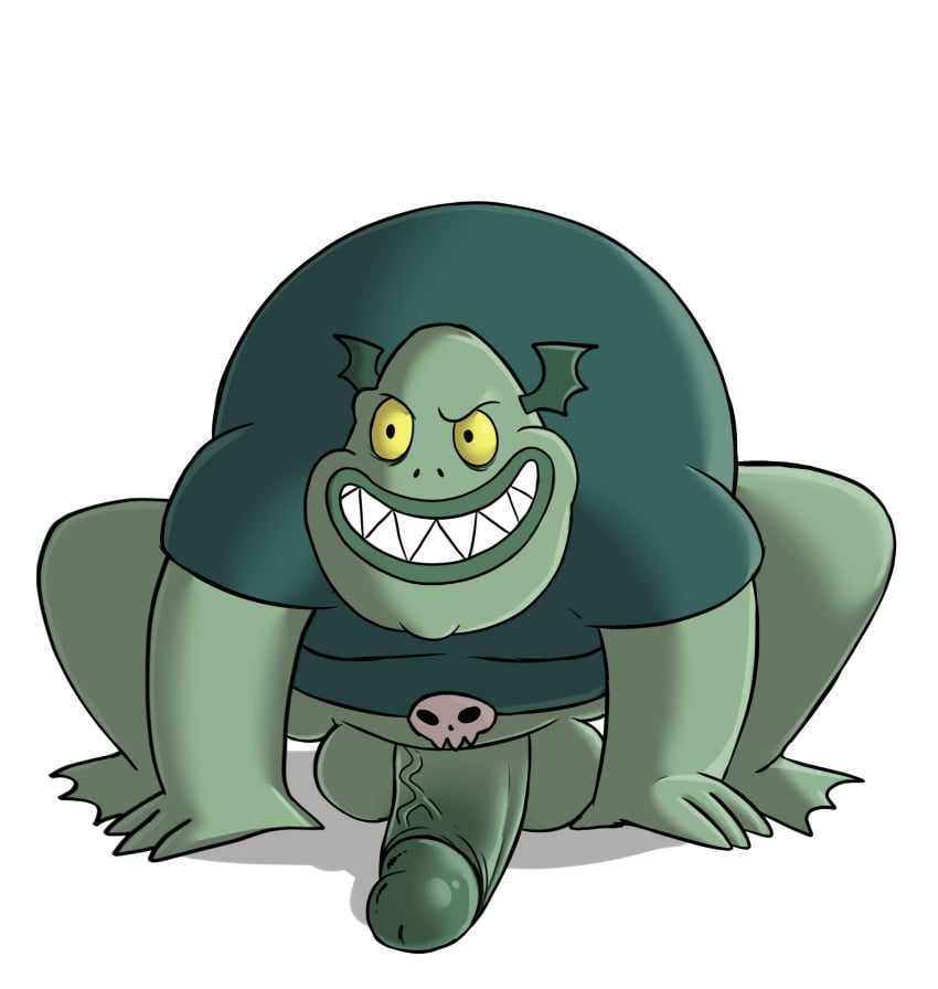 absurd_res amphibian anthro balls bottomless bottomless_anthro bottomless_male buff_frog clothed clothing disney frog genitals glans green_clothing green_shirt green_topwear hi_res humanoid_genitalia humanoid_penis male ofstrial overweight overweight_anthro overweight_male penis shirt simple_background solo star_vs_the_forces_of_evil teeth topwear vein veiny_penis white_background