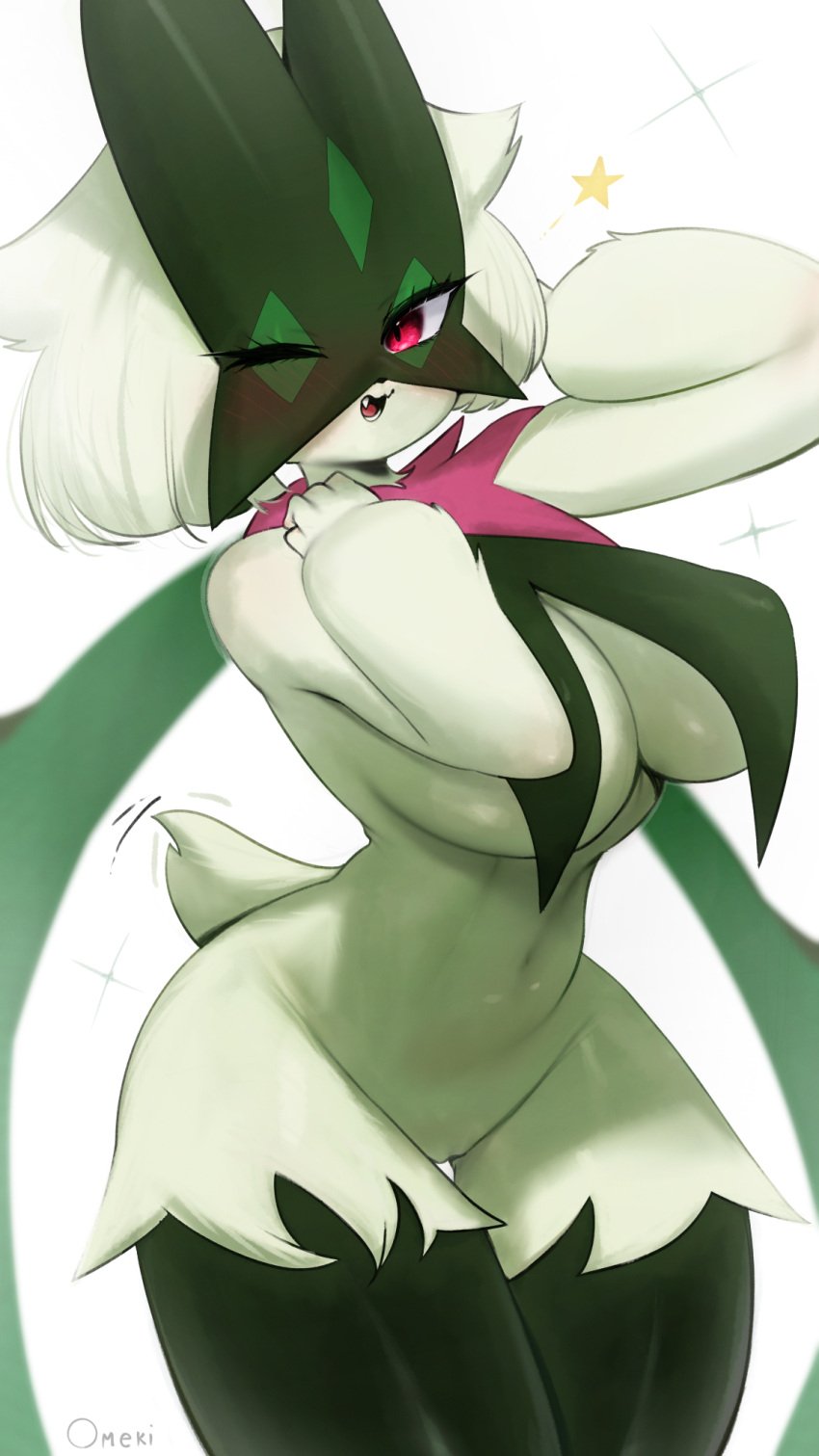 9:16 adorable anthro big_breasts breasts cute cute_face felid feline female female_only fur generation_9_pokemon green_body green_fur hair hi_res horny huge_breasts looking_at_viewer mammal meowscarada nintendo omeki pokemon pokemon_(species) pokemon_sv pseudo_stockings red_eyes solo solo_female thick_thighs thigh_gap