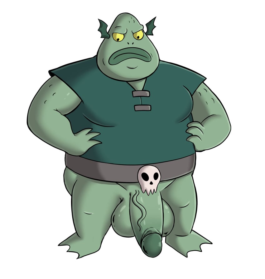 absurd_res amphibian anthro balls biped bottomless bottomless_anthro bottomless_male buff_frog clothed clothing disney frog genitals glans green_clothing green_shirt green_topwear hi_res humanoid_genitalia humanoid_penis male ofstrial overweight penis shirt simple_background solo star_vs_the_forces_of_evil topwear vein veiny_penis white_background