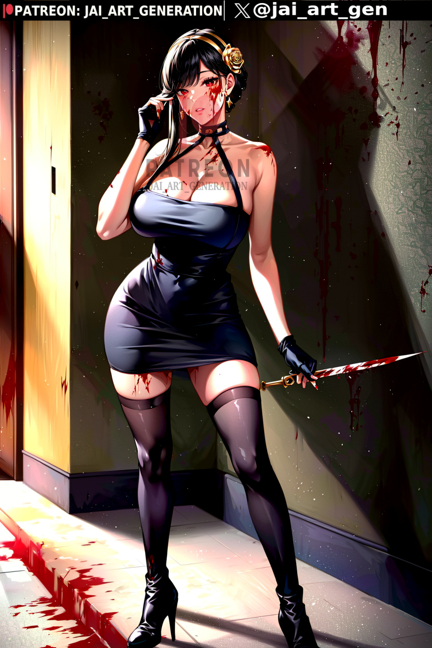 1girls ai_generated black_dress black_hair blood blood_on_face blood_on_wall female female_only heels holding holding_knife holding_weapon hourglass_figure jai_art_gen large_breasts narrow_waist red_eyes short_dress slim_waist solo spy_x_family stable_diffusion thighhighs tied_hair yor_briar yor_forger