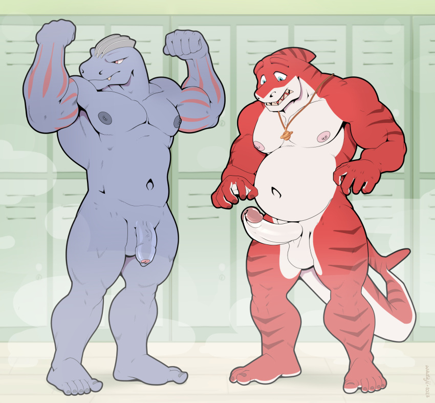 5_fingers anthro anthro_on_anthro areola biped countershade_face countershade_tail countershade_torso countershading duo erection fin fingers fish foreskin generation_1_pokemon genitals glans hi_res humanoid_genitalia humanoid_penis interspecies locker_room machoke male male/male marine muscular muscular_anthro muscular_male navel nintendo nipples penis pokemon pokemon_(species) red_body shark striped_body stripes tail tail_fin vein veiny_penis wadaji