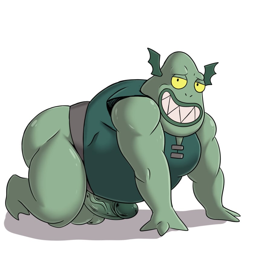 absurd_res amphibian anthro balls bottomless bottomless_anthro bottomless_male buff_frog clothed clothing disney frog genitals green_clothing green_shirt green_topwear hi_res humanoid_genitalia humanoid_penis male musclegut ofstrial overweight overweight_anthro overweight_male penis shirt simple_background solo star_vs_the_forces_of_evil teeth topwear vein veiny_penis white_background