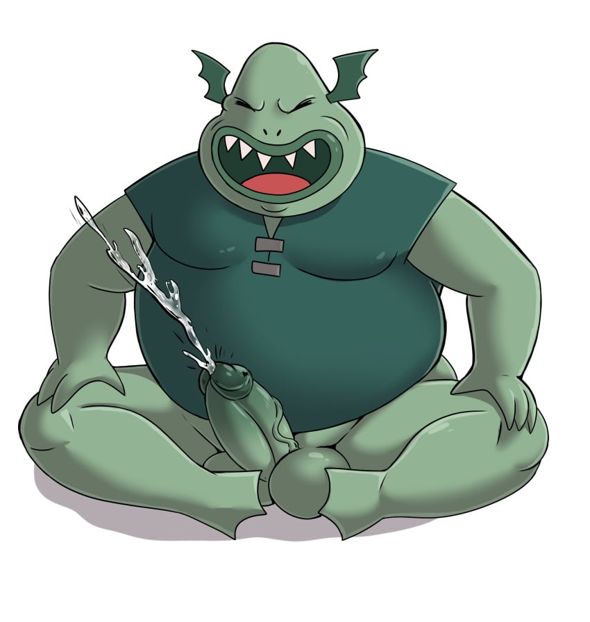 absurd_res amphibian anthro balls bodily_fluids bottomless bottomless_anthro bottomless_male buff_frog clothed clothing cum disney frog genital_fluids genitals hi_res humanoid_genitalia humanoid_penis male ofstrial overweight overweight_anthro overweight_male penis simple_background solo star_vs_the_forces_of_evil teeth vein veiny_penis white_background