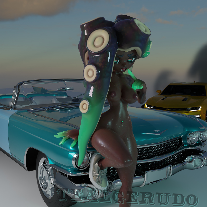 1959_cadillac_eldorado 1girls 3d 3d_(artwork) big_breasts blender blender_(software) cadillac camaro car dark-skinned_female dark_skin genitals highres interracial interspecies looking_at_viewer marina_(splatoon) marina_(wo262) naked naked_female naked_footwear nude outdoors outside self_upload shoes shoes_only sitting sitting_on_car slut smoke solo solo_female splatoon sunset sweating tealgerudo tentacle_hair tongue vehicle watermark