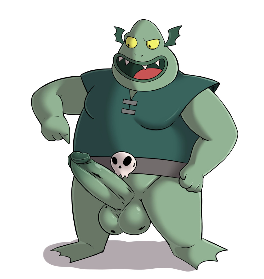 absurd_res amphibian anthro balls biped bottomless bottomless_anthro bottomless_male buff_frog clothed clothing disney erection frog genitals glans green_clothing green_shirt green_topwear hi_res humanoid_genitalia humanoid_penis male ofstrial overweight penis shirt simple_background solo star_vs_the_forces_of_evil teeth topwear white_background