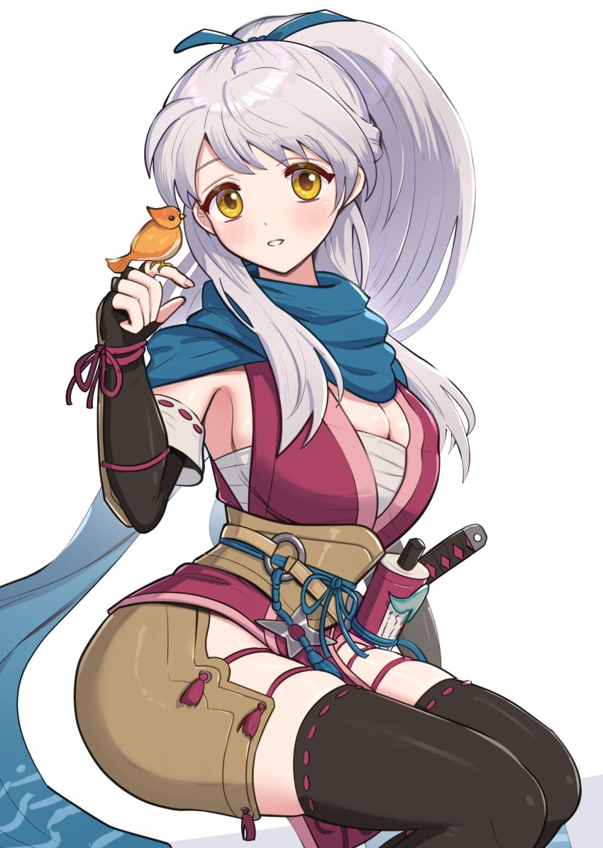 1girls alternate_costume alternate_hairstyle bandages bird black_thighhighs blue_ribbon blue_scarf breasts chest_sarashi cleavage commentary_request female female_only fire_emblem fire_emblem:_radiant_dawn fire_emblem_heroes gonzarez hair_ribbon highres japanese_clothes kimono large_breasts micaiah_(fire_emblem) micaiah_(ninja)_(fire_emblem) ninja nintendo official_alternate_costume official_alternate_hairstyle ponytail ribbon sarashi scarf sideboob simple_background sleeveless sleeveless_kimono solo thighhighs thighs white_background yune_(fire_emblem)