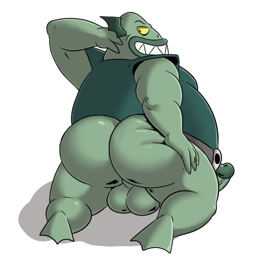 absurd_res amphibian anthro ass balls big_butt bottomless bottomless_anthro bottomless_male buff_frog clothed clothing disney frog genitals green_clothing green_shirt green_topwear hi_res male ofstrial overweight overweight_anthro overweight_male penis shirt simple_background solo star_vs_the_forces_of_evil teeth topwear white_background