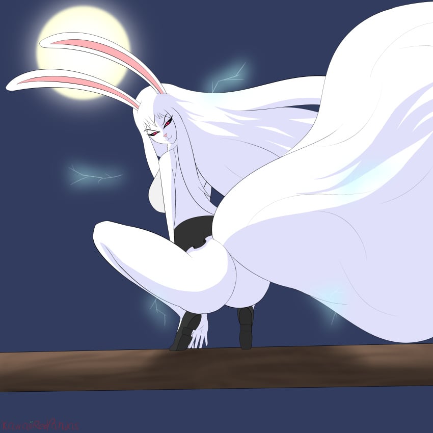 ass black_sclera carrot_(one_piece) female female_only full_moon kawaiiredpandas long_hair looking_at_viewer looking_back night one_piece rabbit rabbit_ears red_eyes skirt solo sulong_carrot tail white_hair