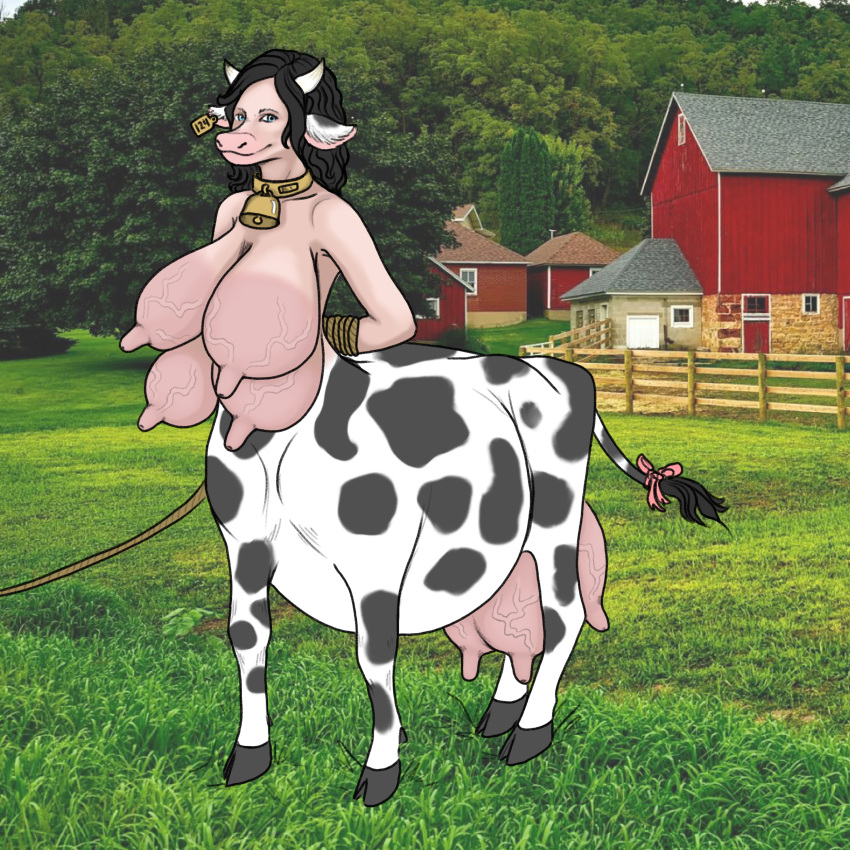 1:1 2021 4_breasts 4_legs absurd_res accessory after_transformation bell bell_collar belly big_belly black_hair black_hooves blue_eyes bound bovid bovid_taur bovine bovine_taur breasts cattle cattle_taur character_request clothed clothing collar comically_large_areolae copyright_request digital_media_(artwork) erect_nipples farm female field furgonomics grassy_field hair hi_res hooves looking_at_viewer mammal mammal_taur multi_breast nipples photo_background photography_(artwork) ribbons smile solo standing tail tail_accessory tail_ribbon taur teats topless udders varkidt veiny_breasts veiny_nipples veiny_udders