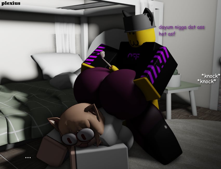 1boy 1girls 2023 3d ass bedroom bent_over big_ass buttjob cum dialogue english_text furry huge_ass jack-o_pose knocking_on_door leo_(utrenkl) meme neco-arc onomatopoeia penis plexius roblox robloxian room source_request straight tagme the_n_word uncircumcised yellow_skin