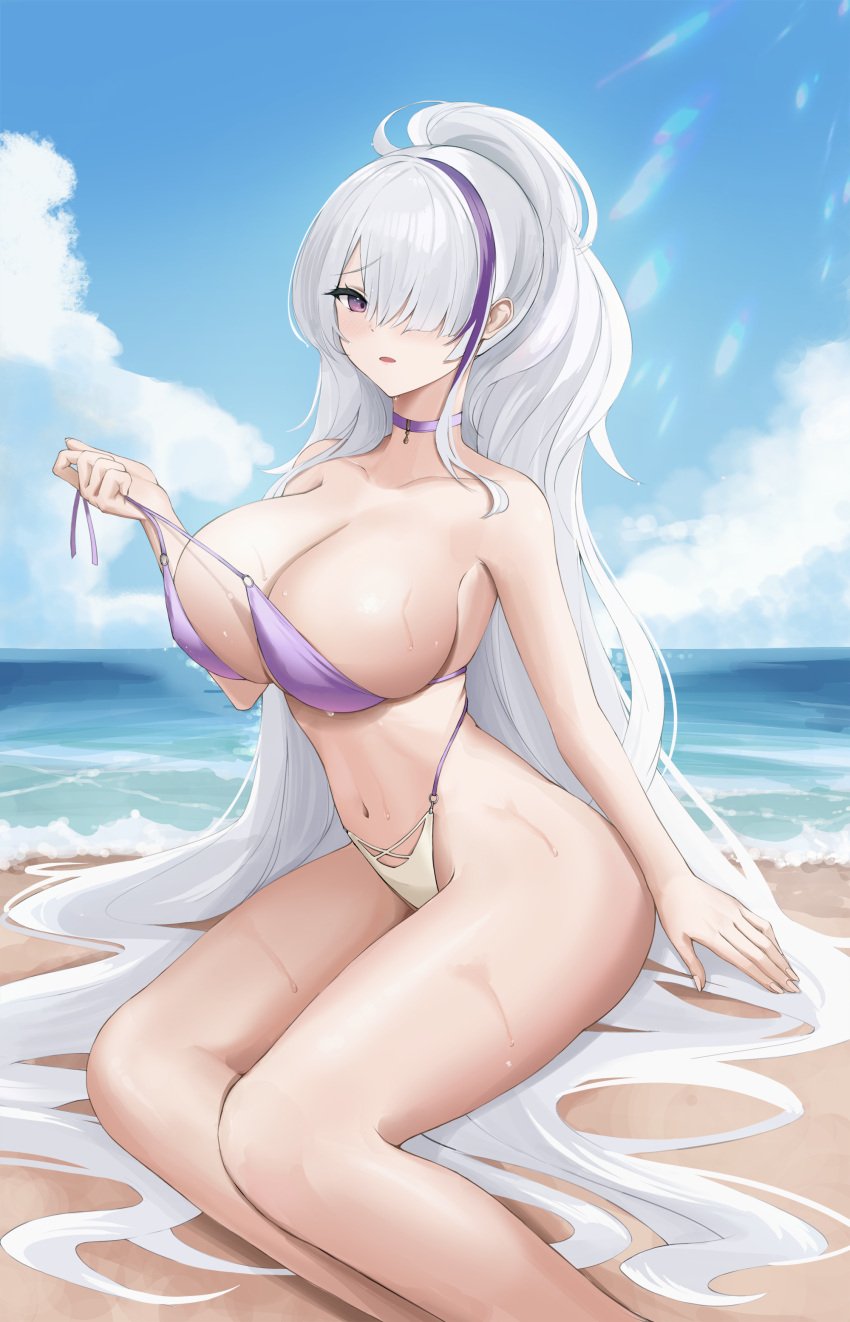 1girls absurdres azur_lane bare_shoulders beach bikini blue_sky blush breasts cleavage collarbone female hair_over_one_eye highleg highleg_bikini highres huge_breasts light-skinned_female light_skin long_hair looking_at_viewer multicolored_hair navel ocean official_alternate_costume parted_lips purple_bikini purple_hair sakura_empire_(azur_lane) shore sidelocks sky solo streaked_hair swimsuit tio_(005) unzen_(azur_lane) unzen_(sojourn_through_clear_seas)_(azur_lane) very_long_hair white_hair