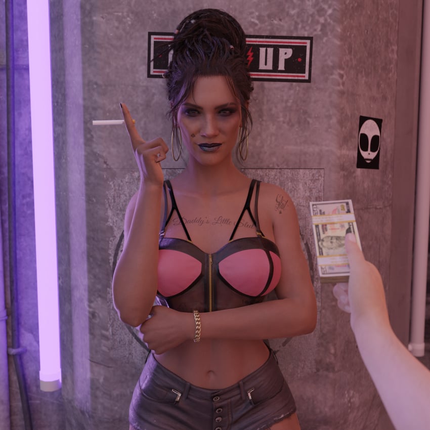 3d amfortas cyberpunk_2077 degrading_tattoo female female_focus hooker money panam_palmer pov prostitution queen_of_spades smoking tattoo