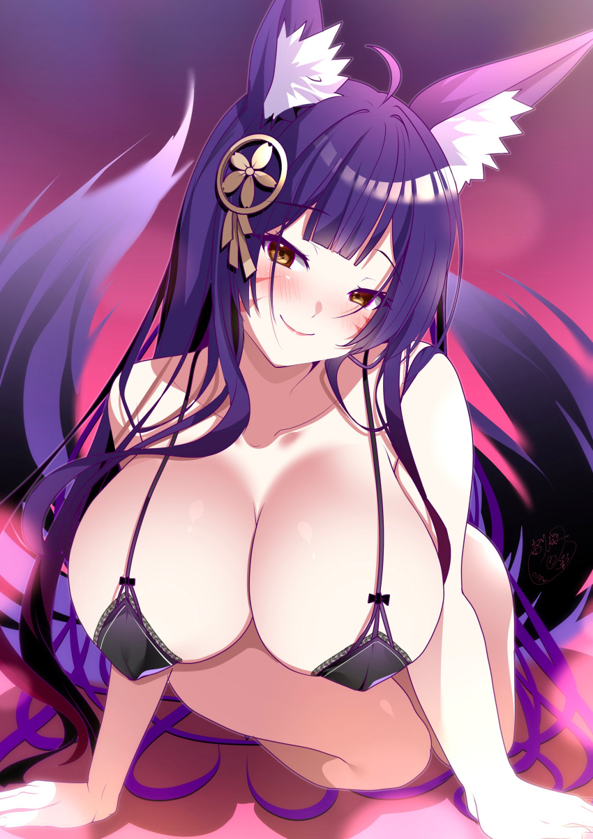 1girls absurdres ahoge animal_ear_fluff animal_ears azur_lane bra breasts cleavage facial_mark female female_only fox_ears fox_girl fox_tail hair_ornament highres huge_breasts kitsune kneeling kyuubi light-skinned_female light_skin looking_at_viewer multiple_tails musashi_(azur_lane) origami_aya purple_eyes purple_hair sakura_empire_(azur_lane) seductive solo tail underwear underwear_only whisker_markings