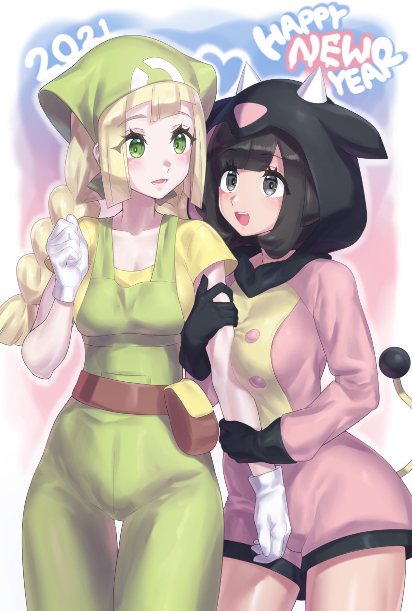 2girls black_eyes black_hair blonde_hair braided_ponytail breasts cosplay cow_hood dated gloves grabbing_arm green_eyes green_overalls headscarf hoodie large_breasts lillie_(pokemon) miltank miltank_(cosplay) mizuumi_(bb) nintendo overalls pink_hoodie pokemon pokemon_(cosplay) pokemon_breeder_(pokemon) pokemon_breeder_(pokemon)_(cosplay) pokemon_breeder_(pokemon_xy) pokemon_sm selene_(pokemon) shirt short_hair tail yellow_shirt