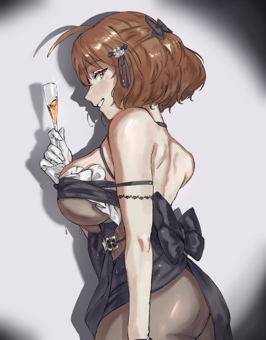 1girl 1girls ahoge ak4ired alternate_costume anis_(nikke) arm_strap ass black_bow black_dress bow breasts brown_hair cocktail_dress cup dress drinking_glass female from_side gloves goddess_of_victory:_nikke grin hair_ornament hairbow holding holding_cup large_breasts light_blush looking_at_viewer shadow short_hair smile solo white_gloves