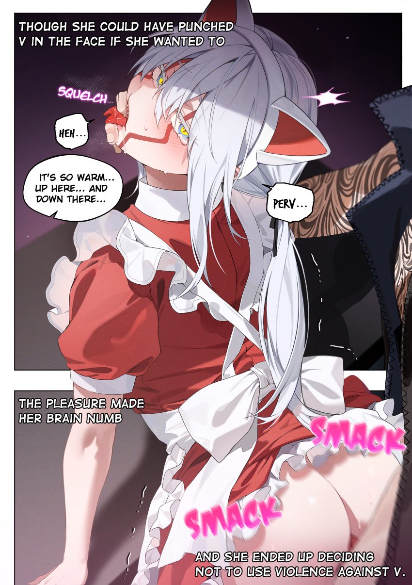 1boy 2d ass bechu blush cat_ears devil_may_cry devil_may_cry_5 dialogue english_text face_tattoo female finger_in_mouth genderswap looking_pleasured maid maid_uniform nero_(devil_may_cry) rule_63 sharp_teeth speech_bubble split_tongue tagme tears text tongue tongue_out trembling v_(devil_may_cry) white_hair