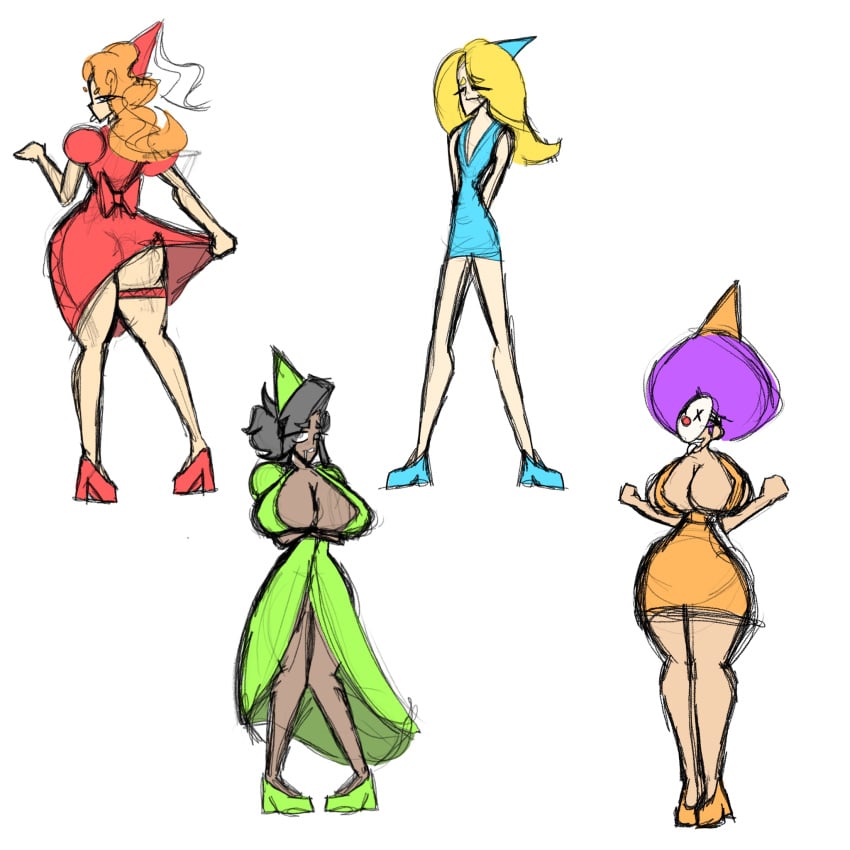 4girls afro big_ass big_breasts black_hair blonde_hair blue_dress blue_princess_(castle_crashers) castle_crashers clown_girl green_dress green_princess_(castle_crashers) orange_dress orange_princess_(castle_crashers) princess purple_hair red_dress red_hair red_princess_(castle_crashers) sketch toxictakoyaki