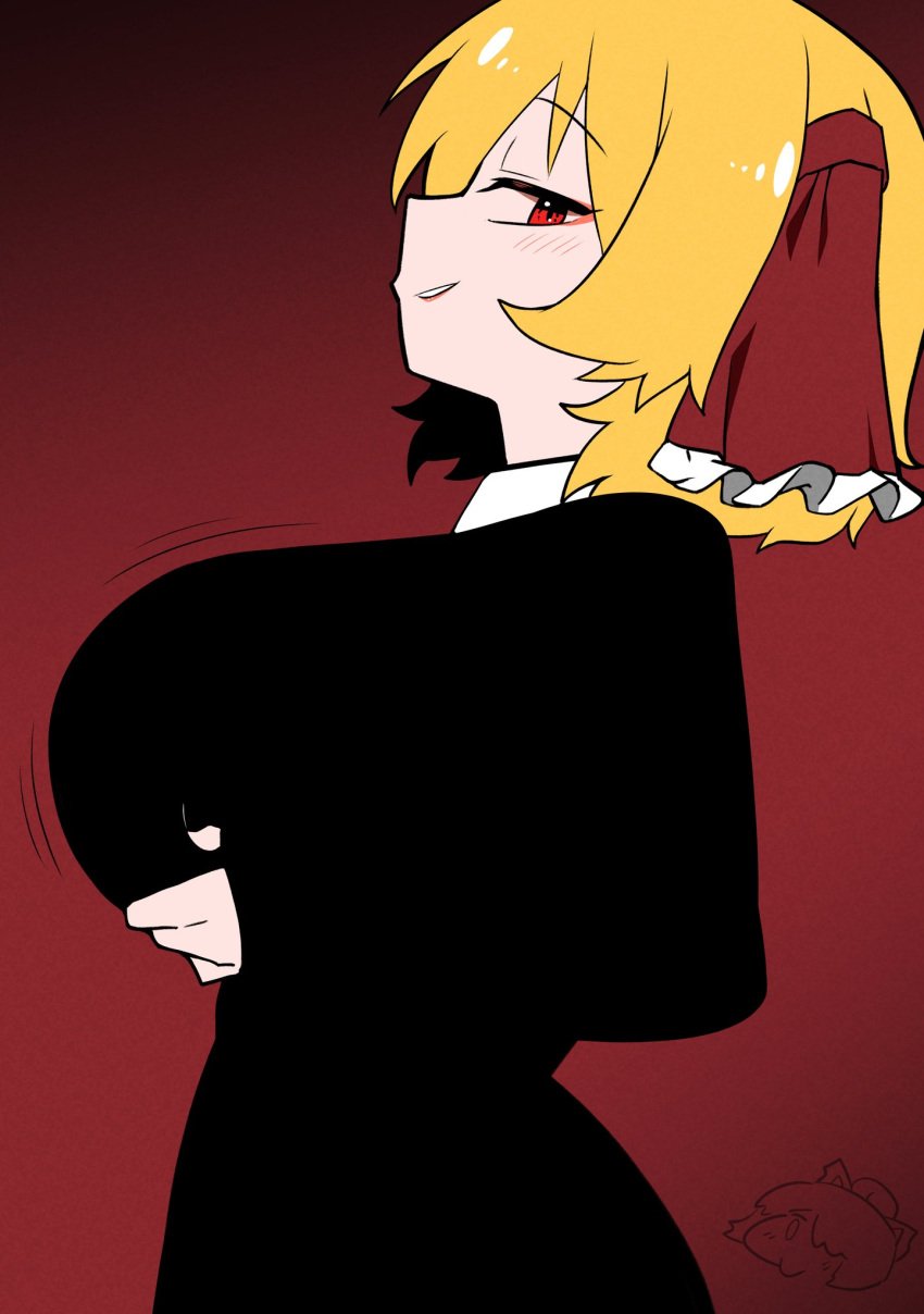 1girls big_breasts black_dress black_nails blonde_hair breasts clothed_female holding_own_breast light-skinned_female looking_at_viewer red_background red_eyes rinyamame rumia short_hair shortstack smug smug_face solo solo_female touhou