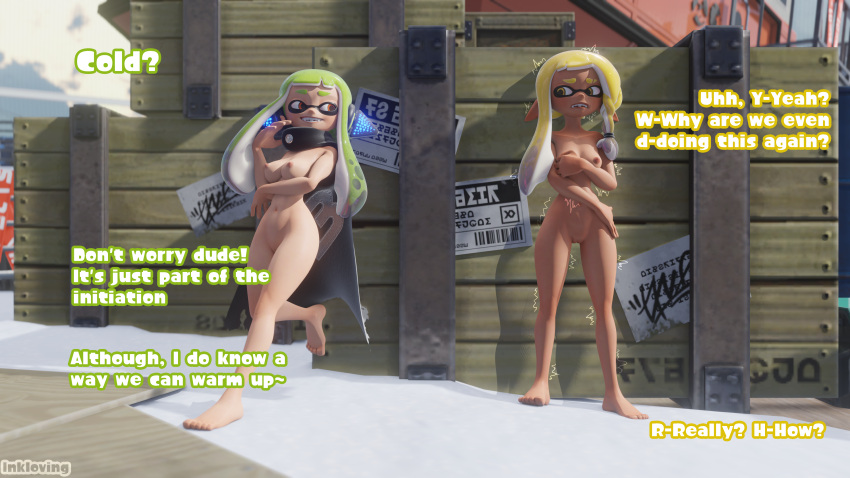 2girls agent_3_(splatoon) agent_3_(splatoon_3) areolae barefoot blender braid braid_(splatoon) breasts cape captain_(splatoon_3) cold comic dialogue feet hi_res inkling inkling_girl inkloving kaori_(splatoon) long_hair looking_at_another multiple_girls nervous new_agent_3_(splatoon) nipples nude nude_female shivering smirk smug snow splatoon splatoon_3 splatoon_3:_return_of_the_mammalians tentacle tentacle_hair toes worried yuri