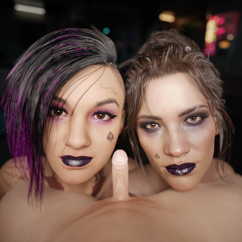 1male 3d amfortas black_lipstick close-up corruption cyberpunk_2077 eye_contact femdom hooker judy_alvarez naked_female panam_palmer pov queen_of_spades small_penis tattoo