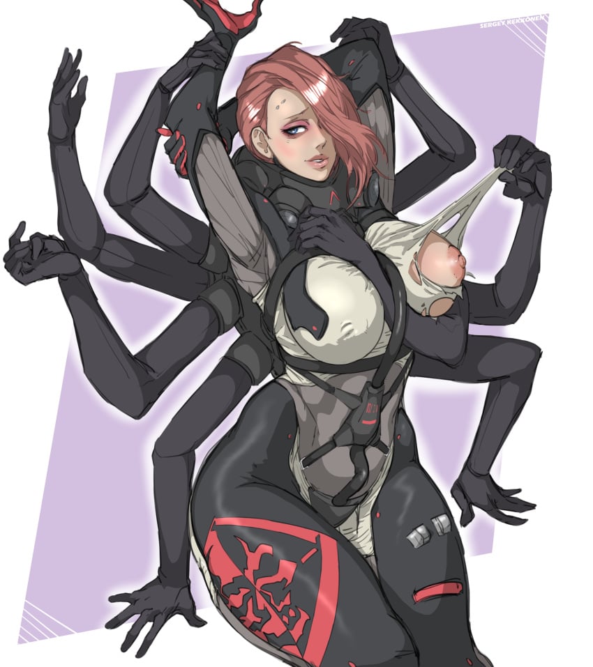 bodysuit color colored exposed_breast large_breasts metal_gear_rising metal_gear_rising:_revengeance mistral_(metal_gear_rising) multi_arm multi_limb pink_hair self_exposure sergey_kekkonen tagme tearing_clothes