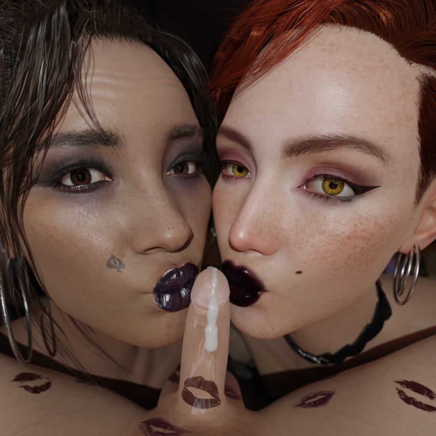 3d amfortas aurore_cassel black_lipstick choker cum cumshot cumstring cyberpunk_2077 cyberpunk_2077:_phantom_liberty earrings femdom implied_fellatio implied_oral kiss_mark kissing kissing_penis lipstick_mark lipstick_on_penis male naked_female panam_palmer pov pov_eye_contact queen_of_spades recording small_penis small_penis_adoration smooch tattoo threesome